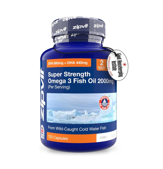Zipvit Super Strength Omega 3 Fish Oil 2000mg 120 Capsules EPA DHA supplement bottle