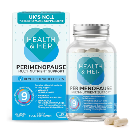 Health & Her perimenopause supplement packaging on a white background