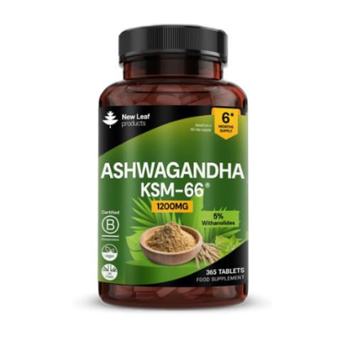 Bottle of New Leaf products Ashwagandha KSM-66 supplement on a white background