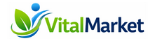 Logo of VitalMarket with a green leaf and blue figure on a white background